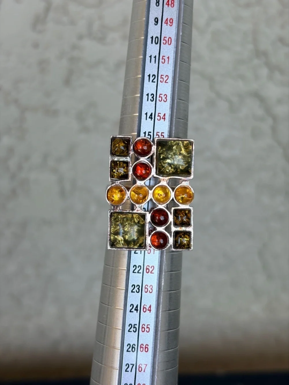 Geometric Silver Multi-Stone Amber and Cognac Ring